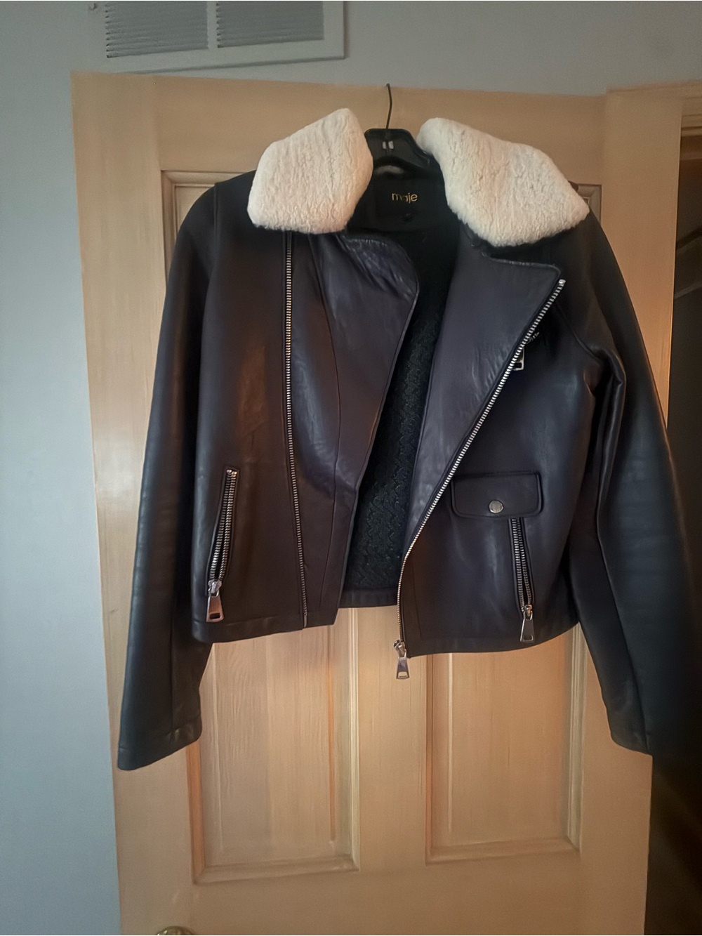 Maje Black Leather Jacket with Cream Shearling Collar